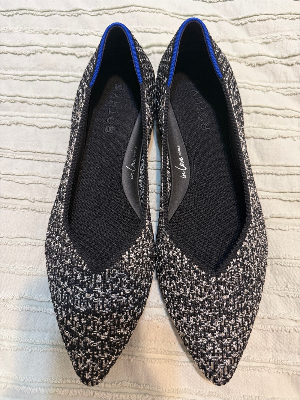 Rothy's Black & White Pointed Knit Flats with Blue Trim